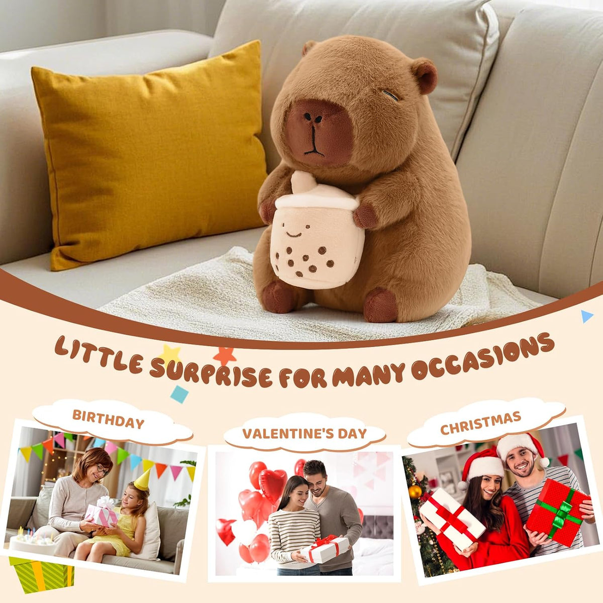 Cute Capybara Plush with Boba - 13-inch Kawaii Capybara Stuffed Animal Pillow Soft Stuffed Plush Toy - Capybara Party Decoration, Kawaii Hugging Gifts for Kids