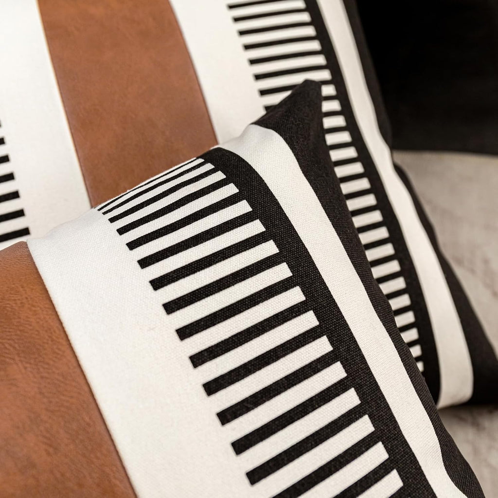 Decorative Striped Throw Pillow Cover 20x20 Inch Black White & Brown