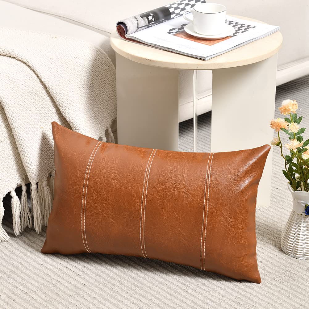 Fancy Homi Brown Boho Long Lumbar Faux Leather Body Decorative Throw Pillow Cover 14x36 Inch for Bedroom Couch Bed Sofa Bench, Hand Stitched Stylish Pillowcase, Rustic Modern Farmhouse Room Decor