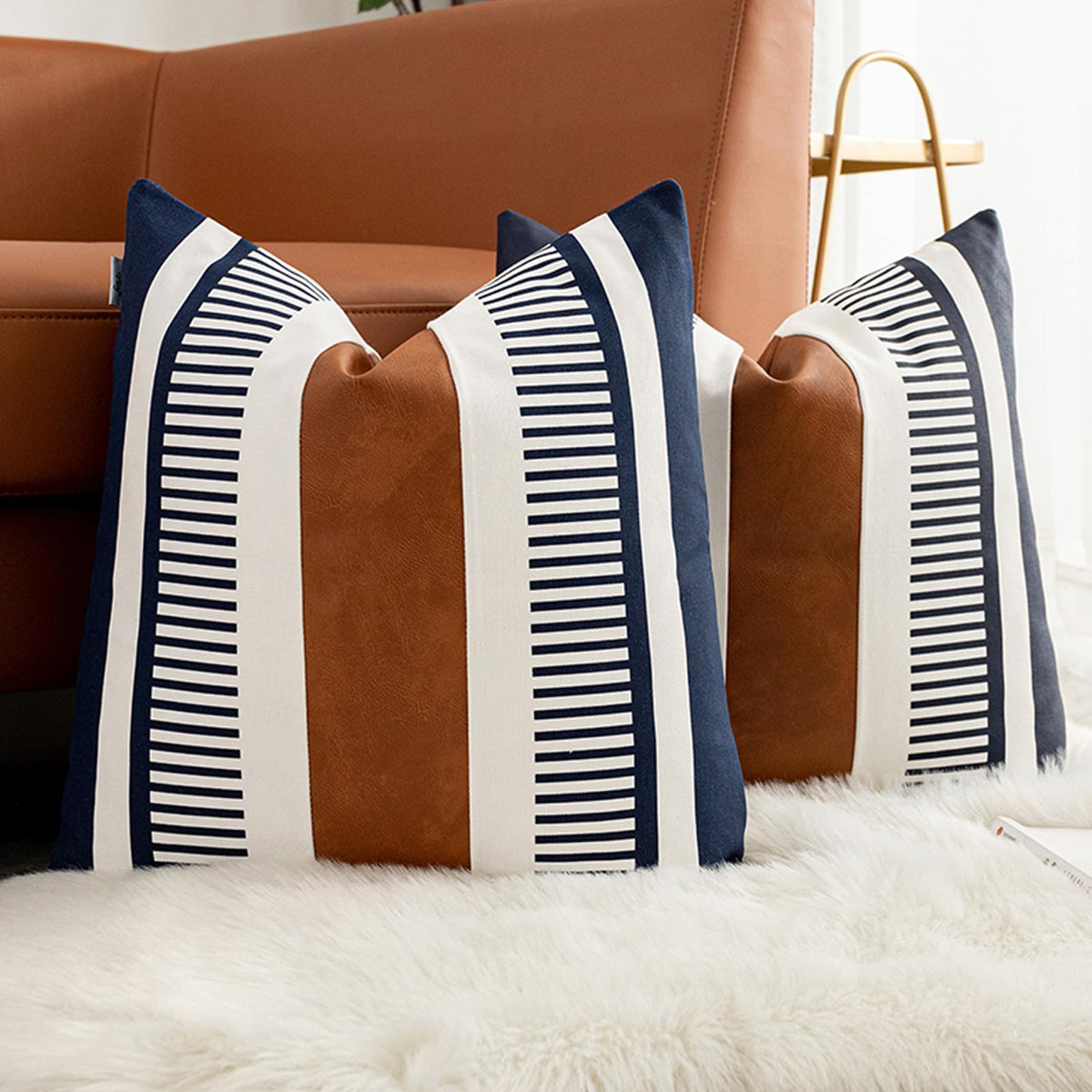Decorative Striped Throw Pillow Cover 20x20 Inch Black White & Brown