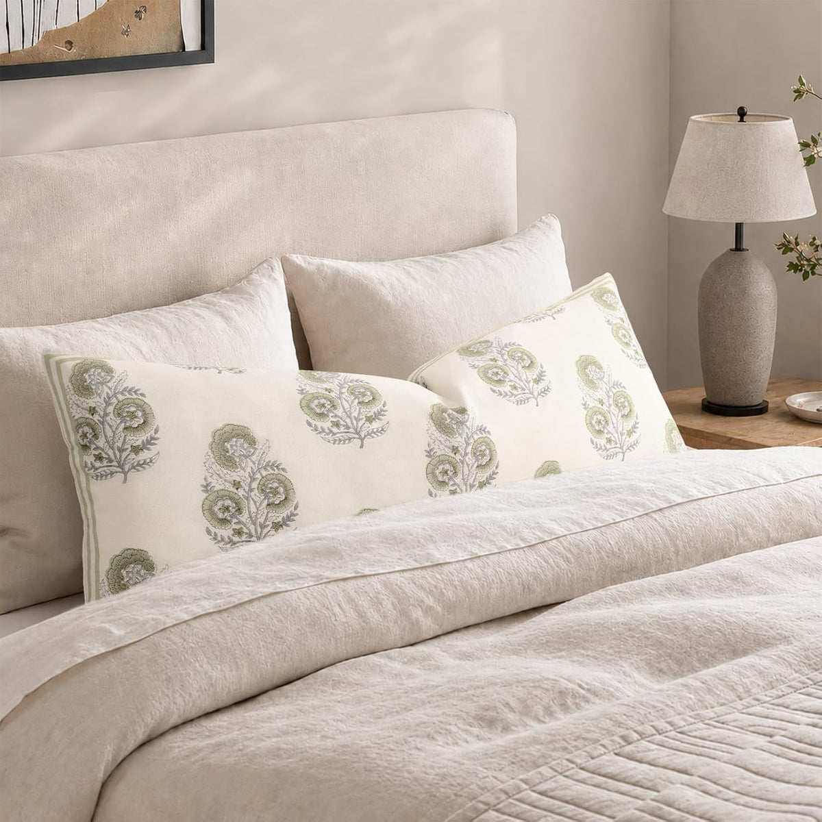 Vintage Floral 14x36 Lumbar Pillow Cover for Bed Pack of 1, Double-Sided Botanical Print Decorative Long Pillowcase Farmhouse Cushion Cover for Sofa Couch Living Bed Room, Sage Green (Cover Only)