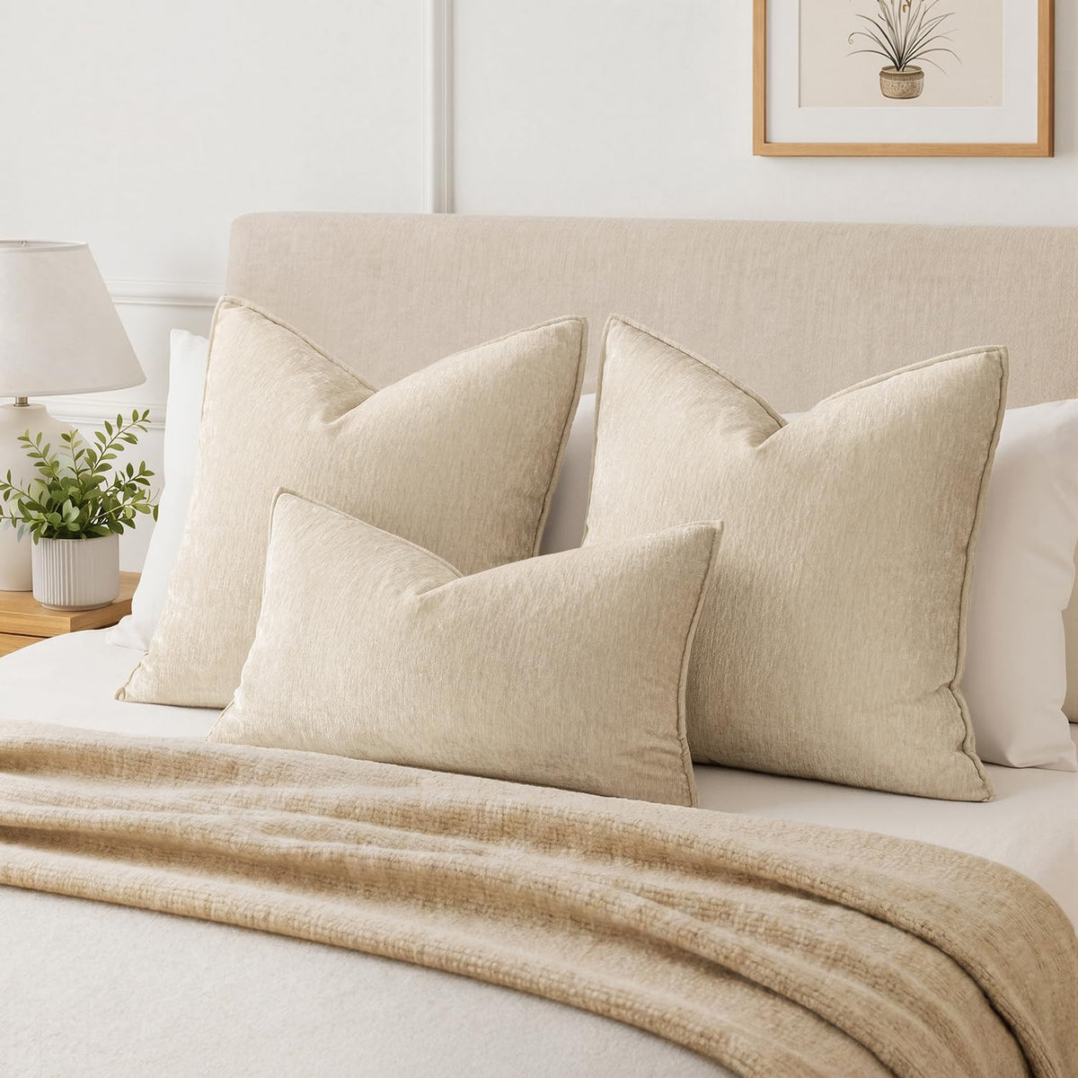 MIULEE Chenille Couch Pillow Covers for Living Room 18x18 Natural Beige