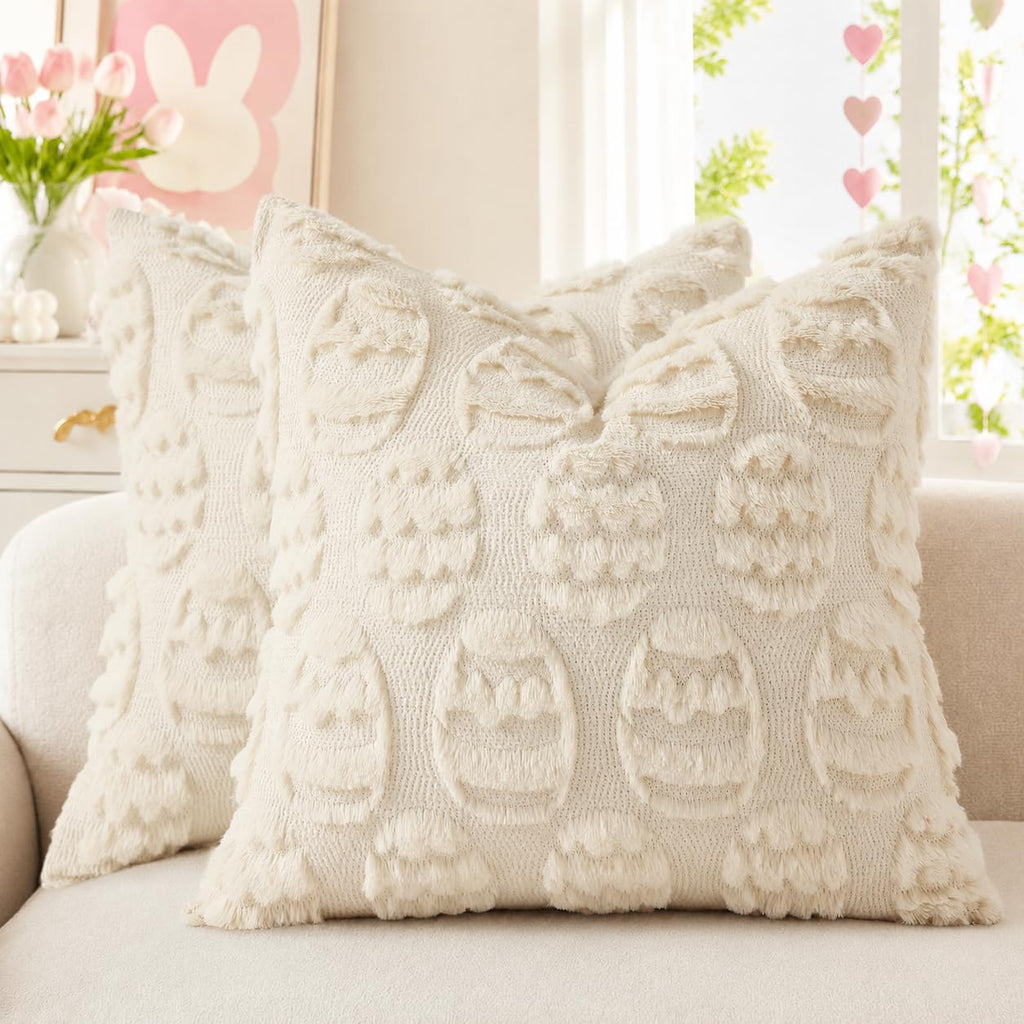 decorUhome Faux Fur Plush Soft Beige Throw Pillow Covers 18x18 Set of 2