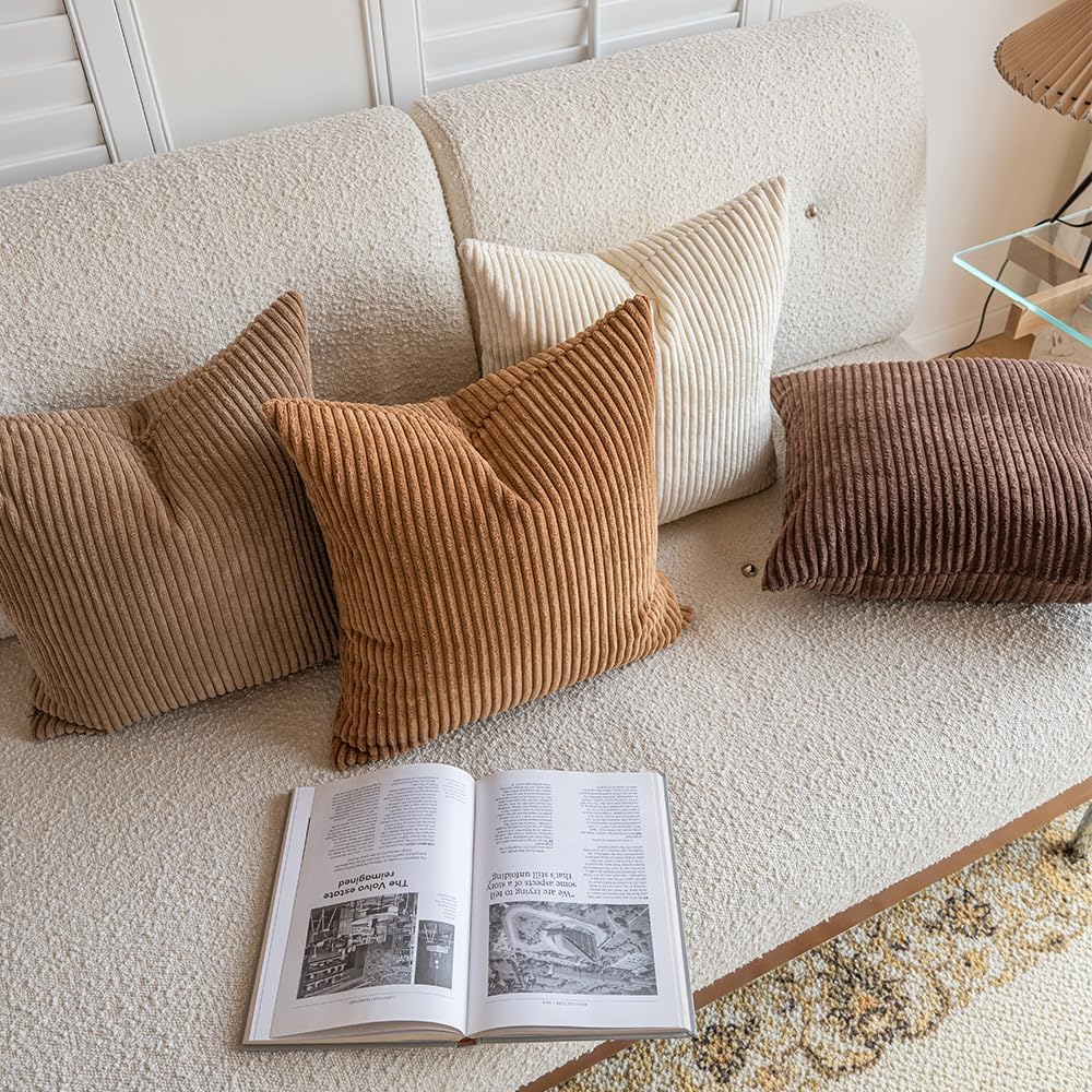 LANANAS Decorative Corduroy Throw Pillow Covers 18x18 Inch Neutral Brown
