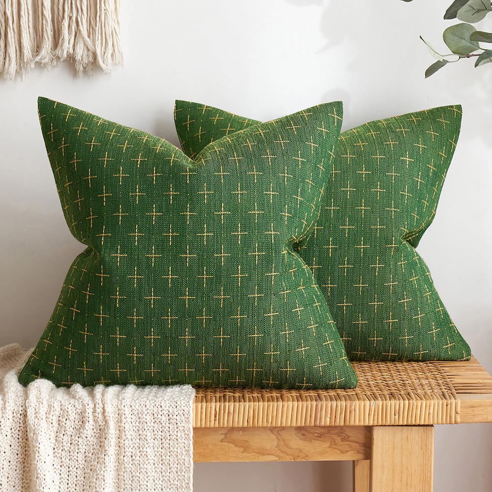 MIULEE Pack of 2 Decorative Vintage Burlap Linen Spring Throw Pillow Covers Modern Farmhouse Pillowcase Rustic Woven Textured Cushion Cover for Sofa Couch Bed 18x18 Inch Olive Green