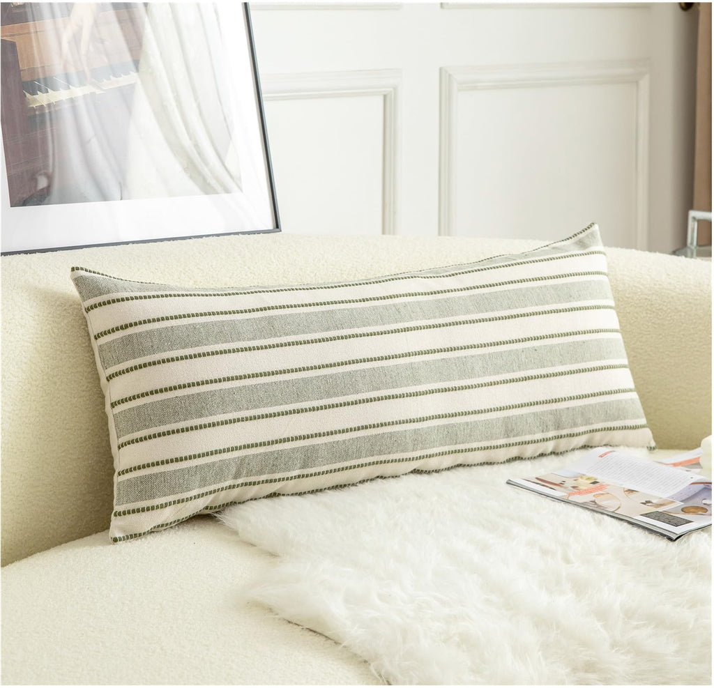 Cethom Decorative Boho Throw Pillow Covers, Farmhouse Textured Pillow Case, 20 x 20 Inch Set of 2, Chair Sofa Bedroom Living Room Home Decor Couch Cushion Case, Classic Blue and Beige Striped