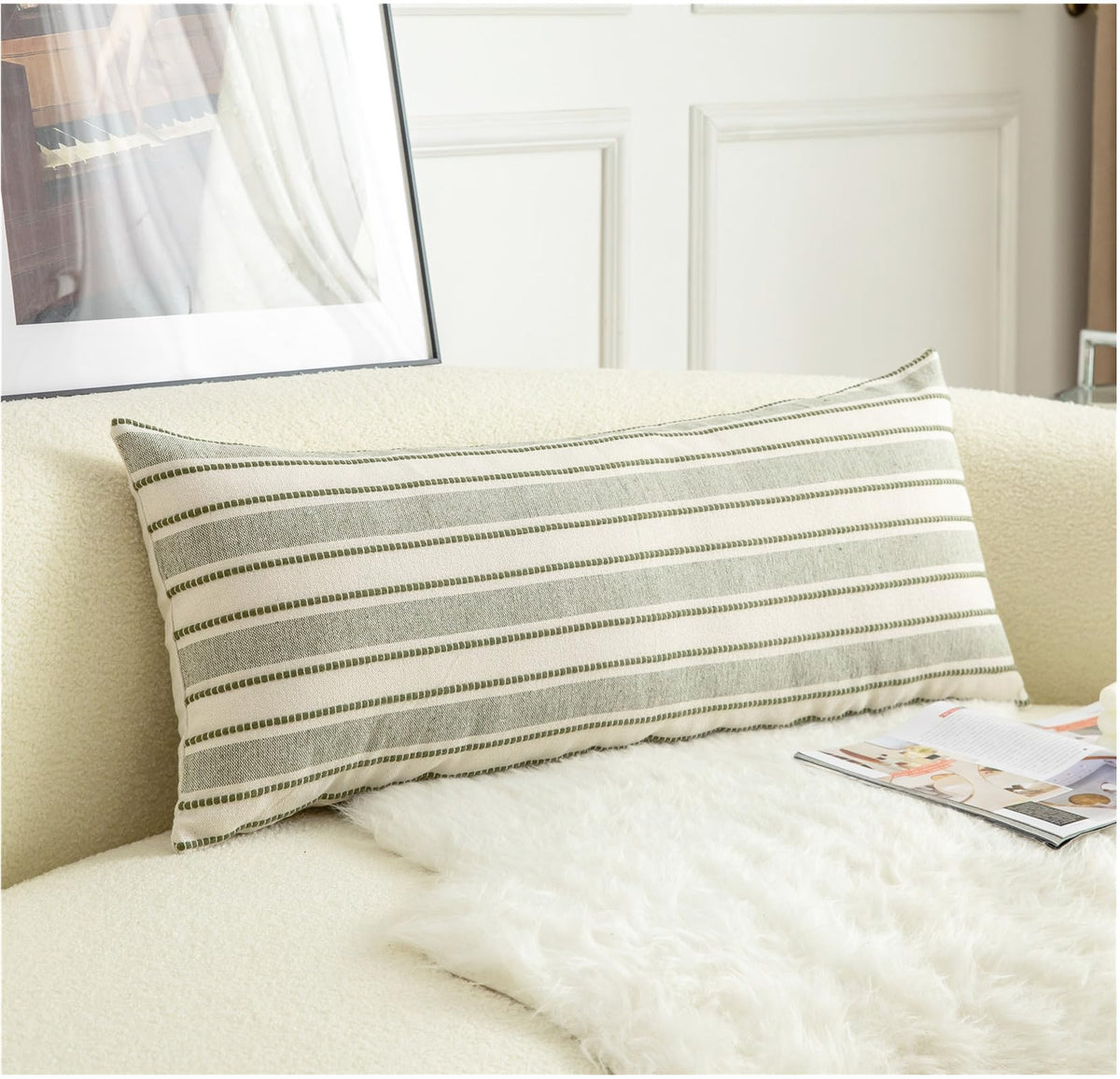 Cethom Decorative Boho Throw Pillow Covers, Farmhouse Textured Pillow Case, 20 x 20 Inch Set of 2, Chair Sofa Bedroom Living Room Home Decor Couch Cushion Case, Classic Blue and Beige Striped