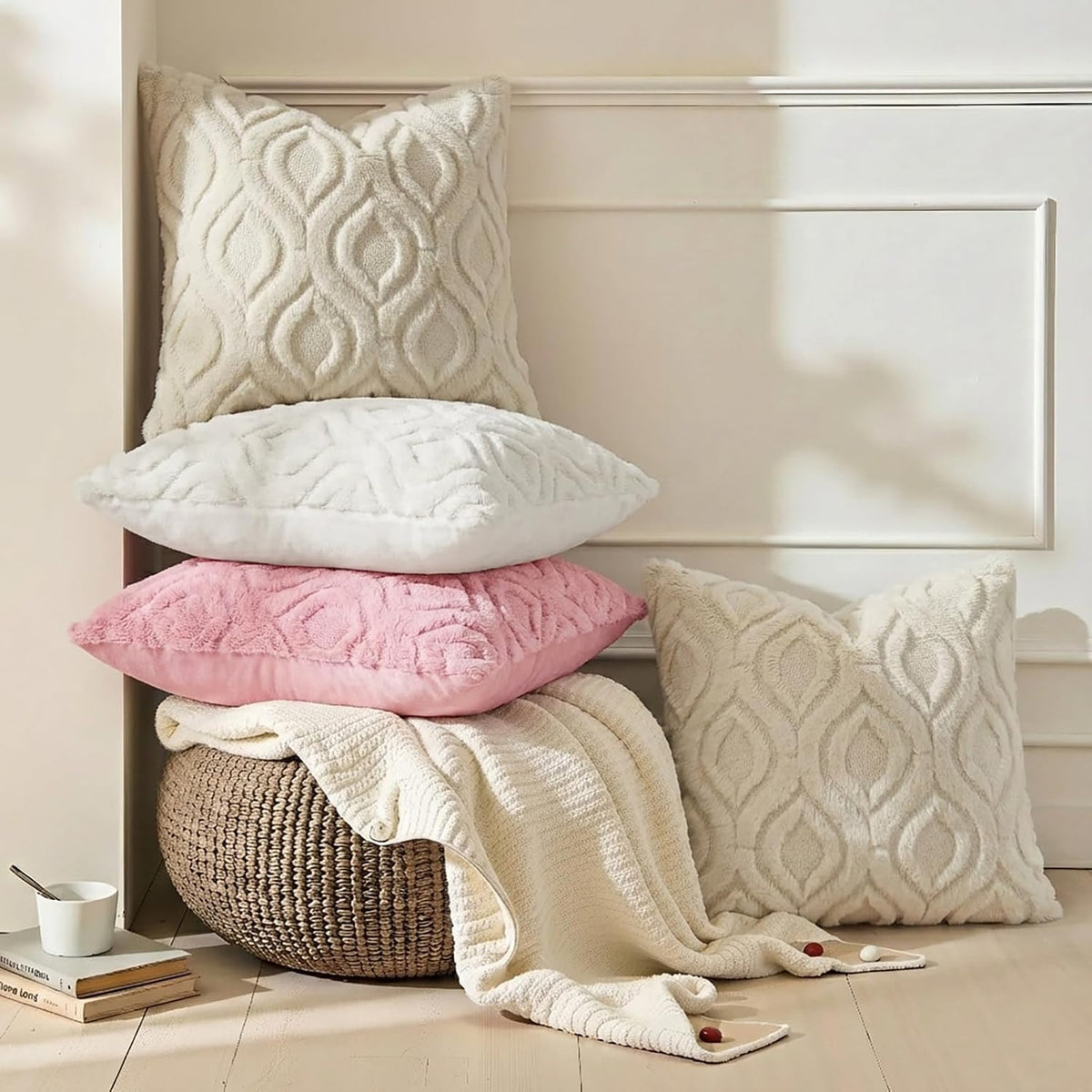decorUhome Faux Fur Plush Soft Beige Throw Pillow Covers 18x18 Set of 2