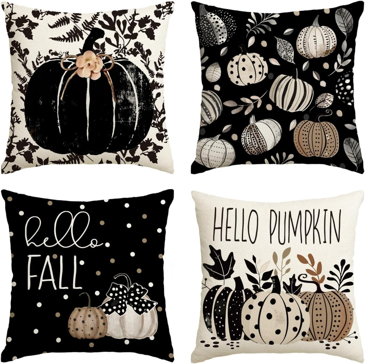 AVOIN colorlife Fall Hello Pumpkin Leaves Throw Pillow Covers, 18 x 18 Inch Autumn Thanksgiving Harvest Polka Dot Black Decorations for Sofa Couch Set of 4