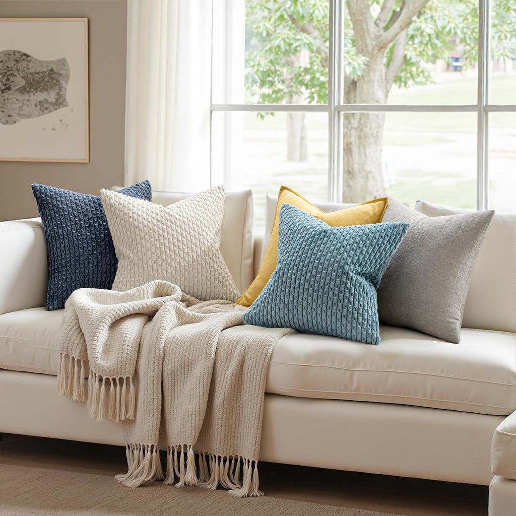 MIULEE Decorative Throw Pillow Covers 20x20 Cream White Textured Corduroy