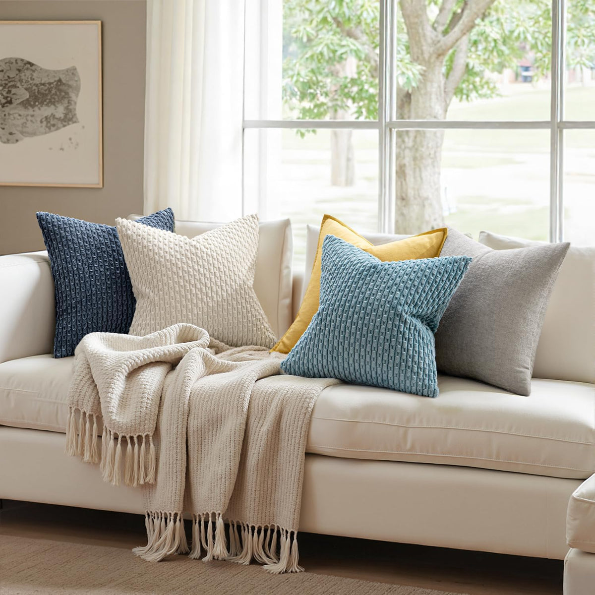 MIULEE Decorative Throw Pillow Covers 20x20 Cream White Textured Corduroy