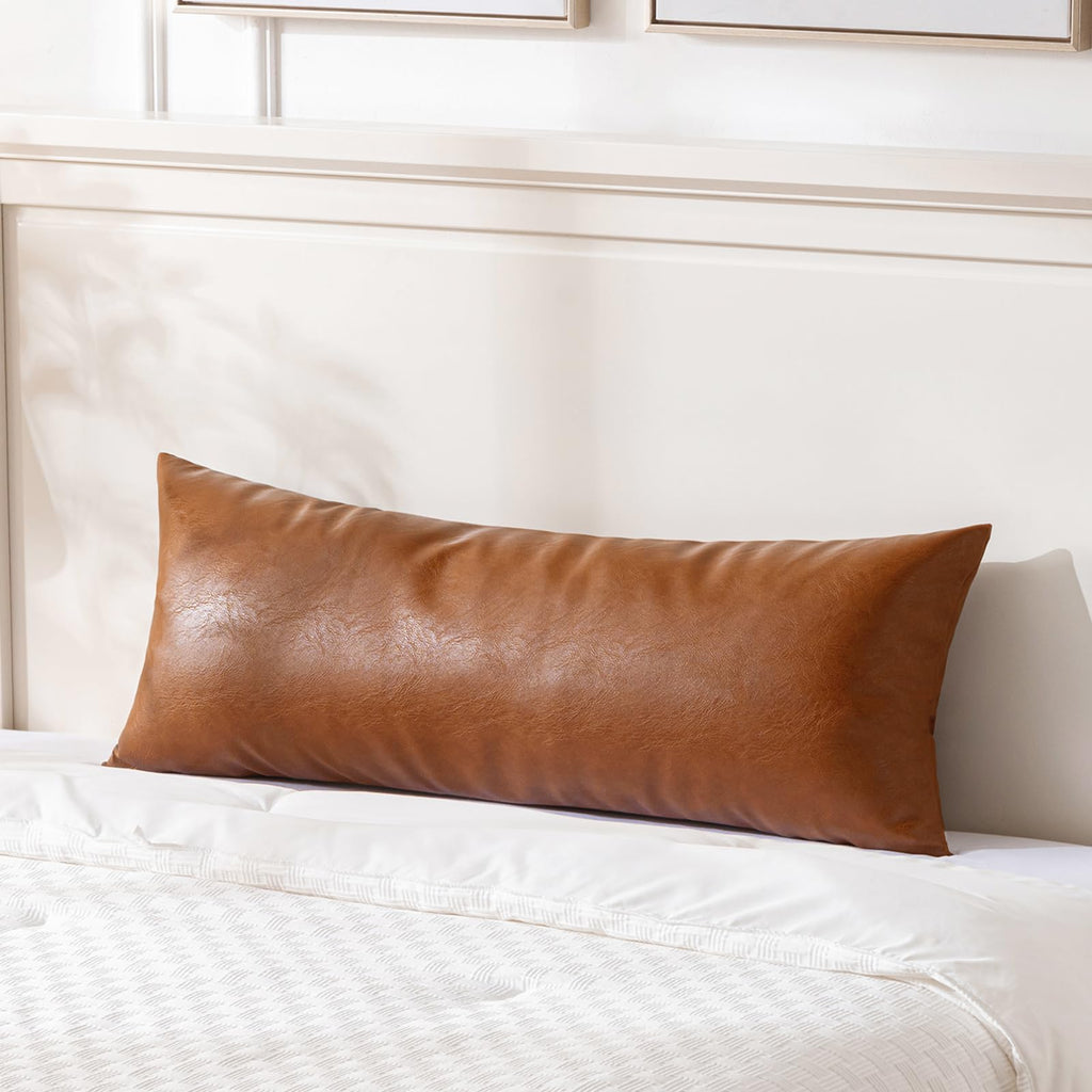 Fancy Homi Brown Boho Long Lumbar Faux Leather Body Decorative Throw Pillow Cover 14x36 Inch for Bedroom Couch Bed Sofa Bench, Hand Stitched Stylish Pillowcase, Rustic Modern Farmhouse Room Decor