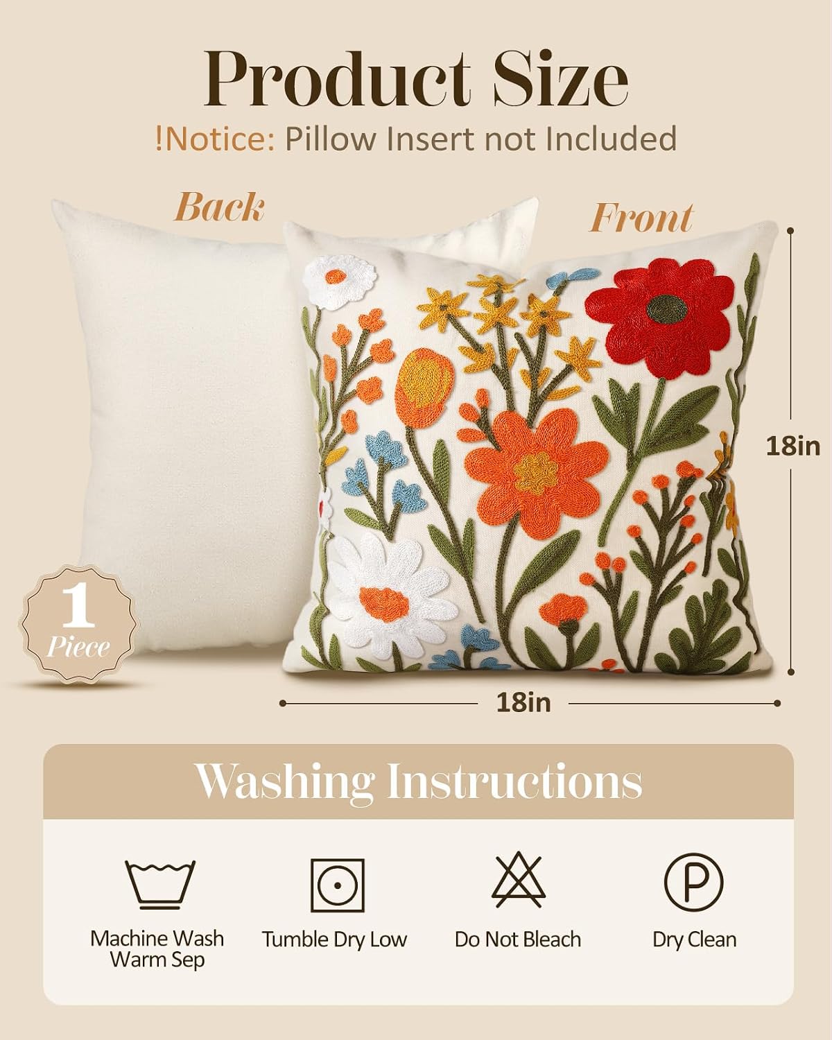 Embroidered Throw Pillow Cover 18x18 Inch, Flower Cluster
