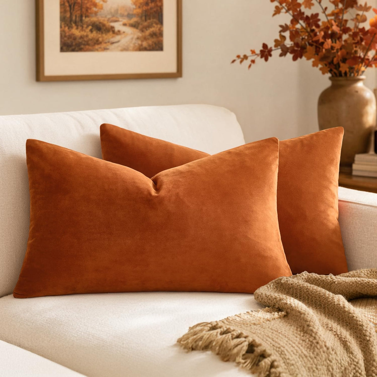MIULEE Velvet Fall Throw Pillow Covers 20x20 Inch Pack of 2 Burnt Orange