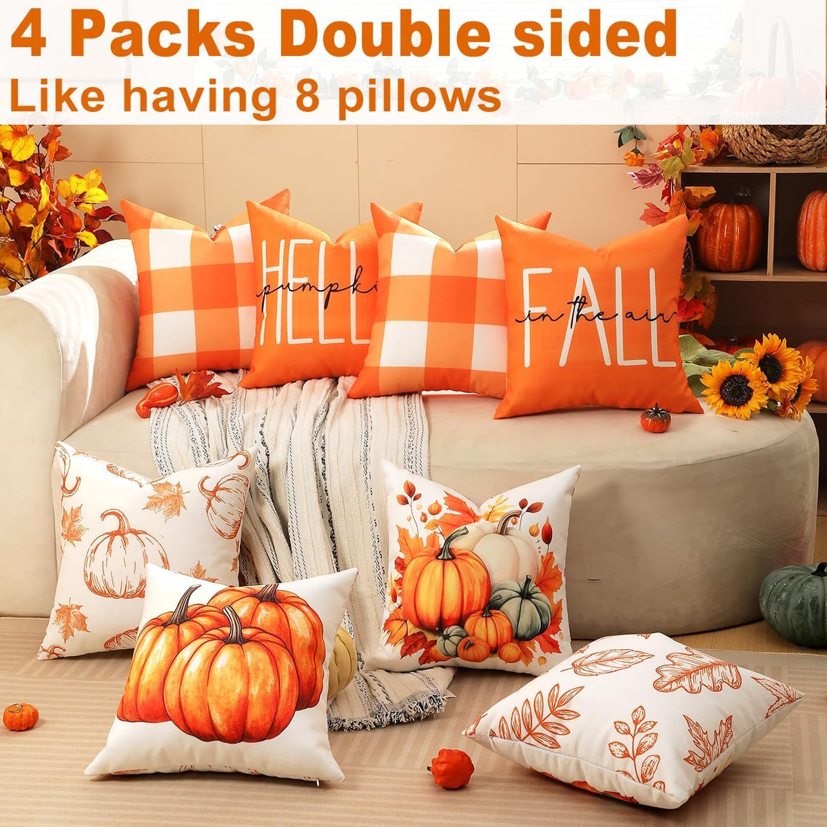 TOYPOPOR Fall Pillow Covers 18x18 4Pcs Double‑Sided Print Autumn Home Decor