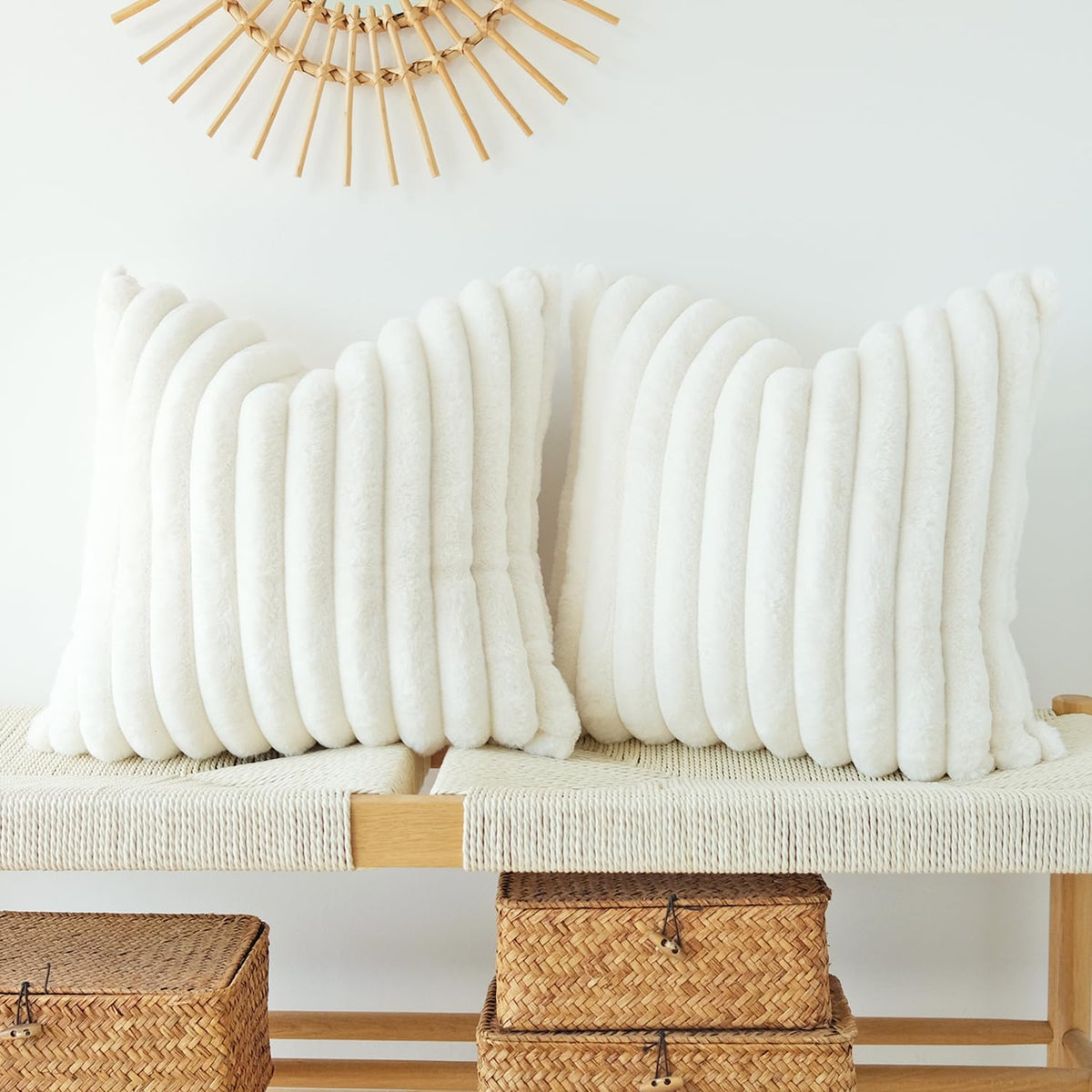 JOJUSIS Faux Fur Plush Throw Pillow Covers, Beige, 20 x 20-Inch