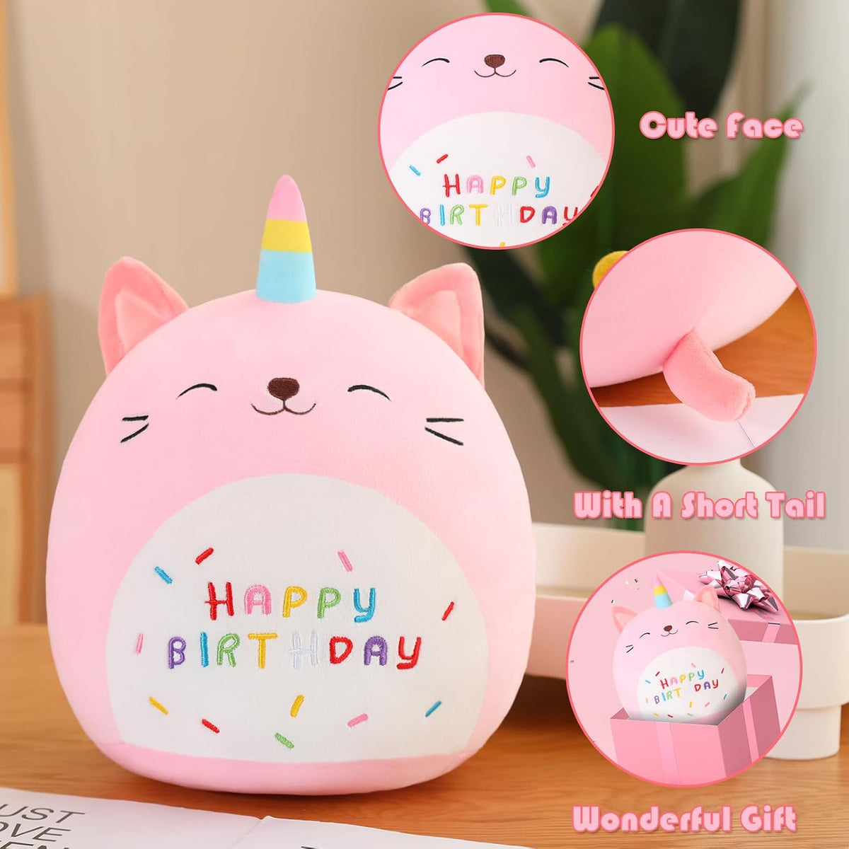 SQEQE Cat Plush Toy Unicorn Cat Stuffed Animal Cute Birthday Plushies Pillow Soft Plushie Doll Gifts for Kid Decor(Pink Caticorn, 14 Inch)