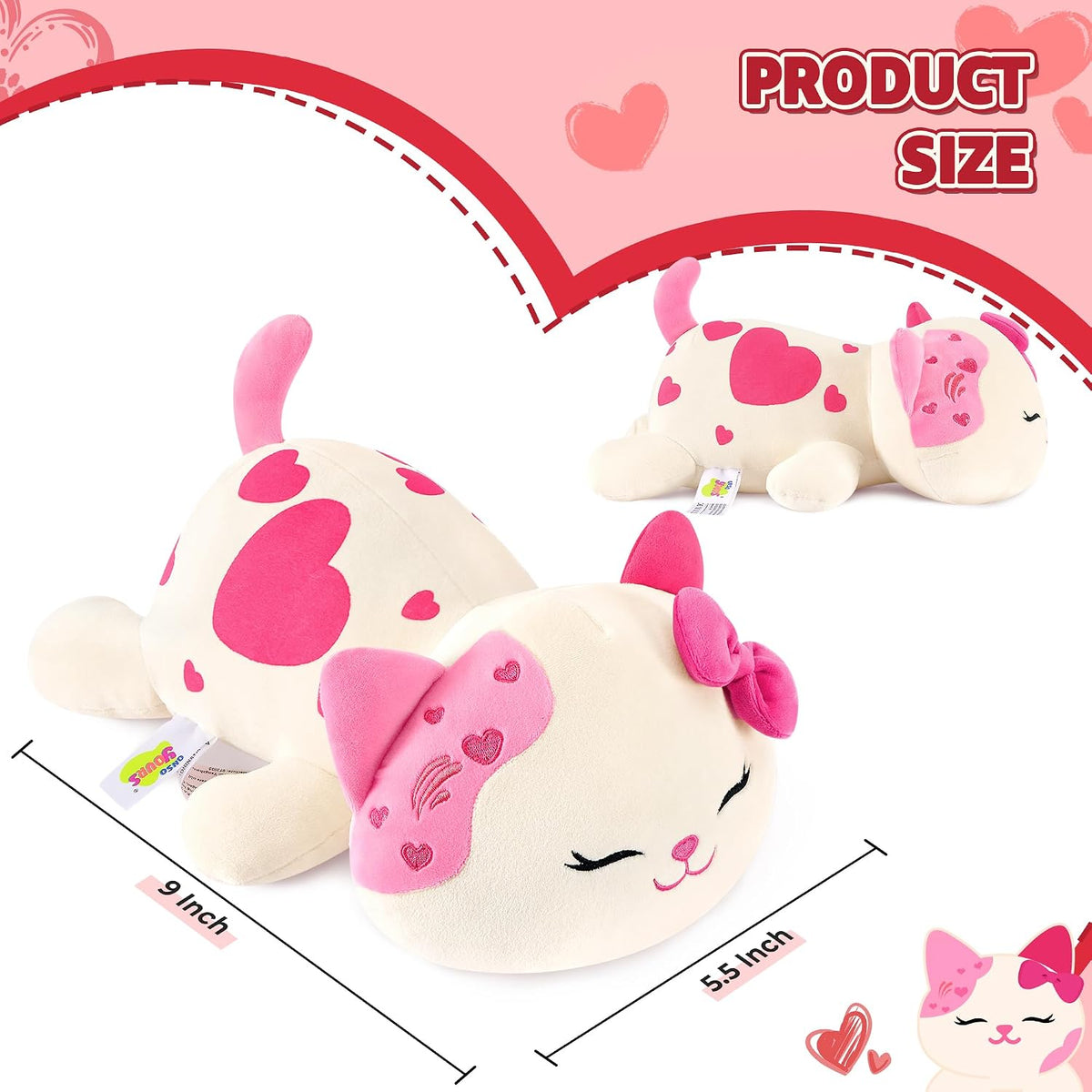 Onsoyours Original Cat Plush with Bowknot Cute Kitten Stuffed Animal Soft Pillow Pink Kawaii Kitty Heart Plush Toy Gifts for Kids & Adults (Pink Cat, 9")