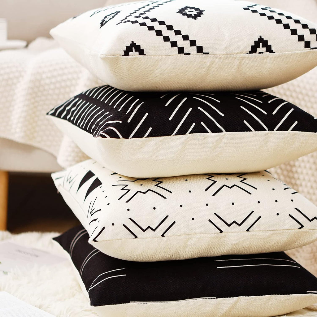 Aoomzoon Pillow Covers 18x18 Set of 4, Modern Boho Geometric Decorative Throw Pillow Covers, Cotton Linen Home Decor Cushion Cover for Couch Sofa Living Room Outdoor Car (18”x18”, Black)