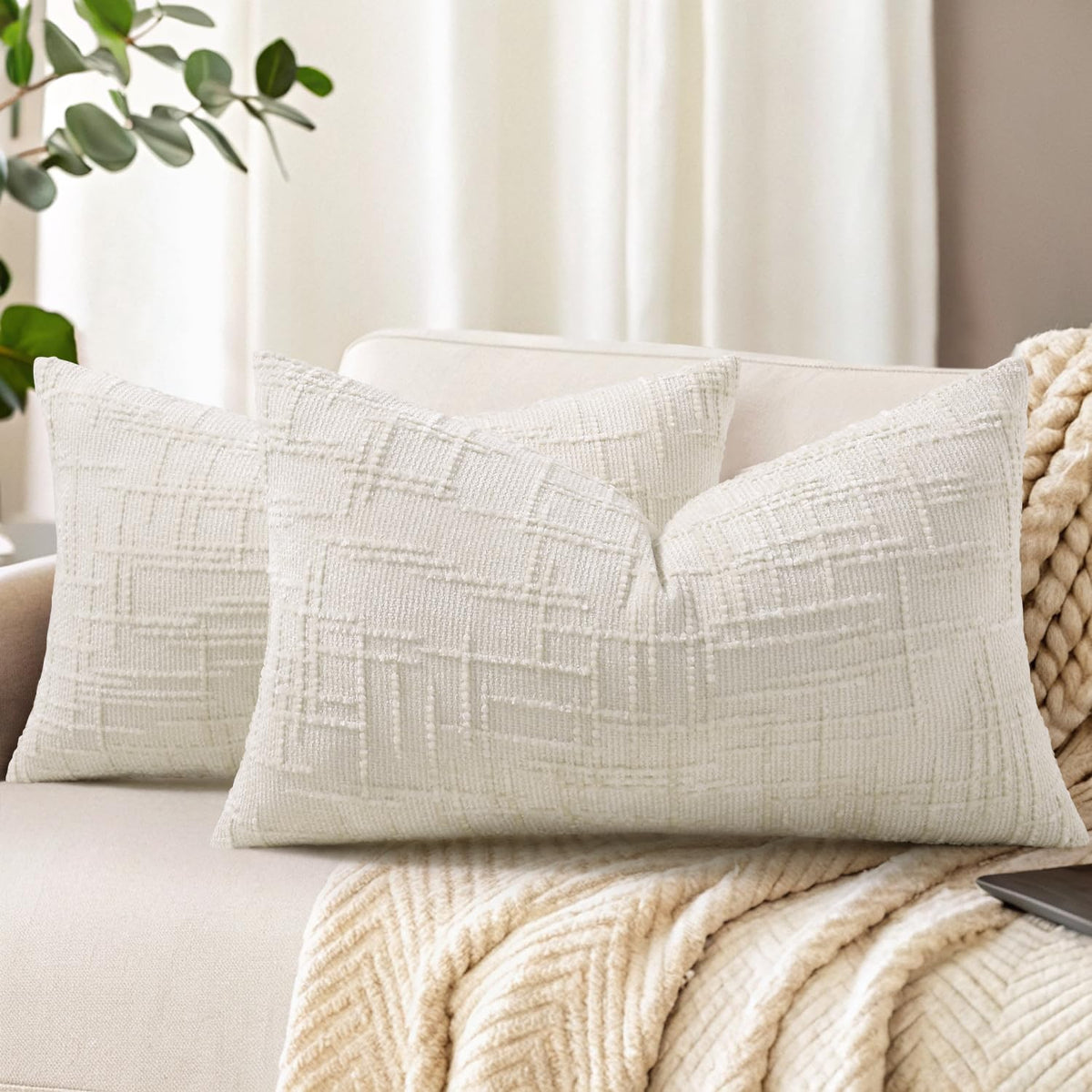 decorUhome Textured Chenille Throw Pillow Covers 18x18 Set of 2 Cream White