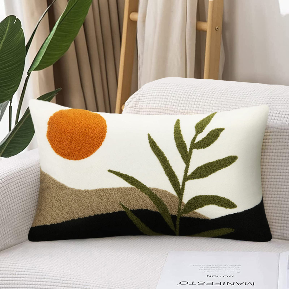 Merrycolor Boho Lumbar Throw Pillow Covers 12x20 Tufted Abstract Mid Century Modern Pillowcases Bohemian Aesthetic Decorative Pillows for Couch Bed Sofa Living Room (1PC,Green and Black)