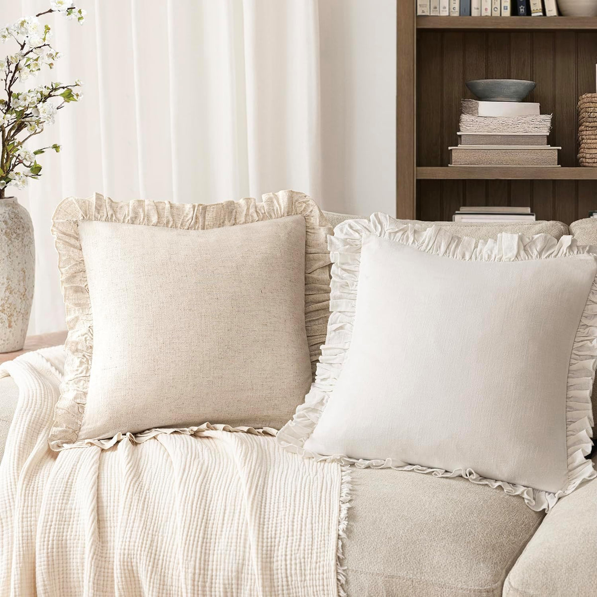 Foindtower Set of 2 Decorative Soild Fringe Ruffle Throw Pillow Covers Soft Boho Farmhouse Cushion Cover Cozy Accent Retro Pillowcase for Couch Sofa Bed Living Room Home Decor,20×20 Inch,Natural Beige