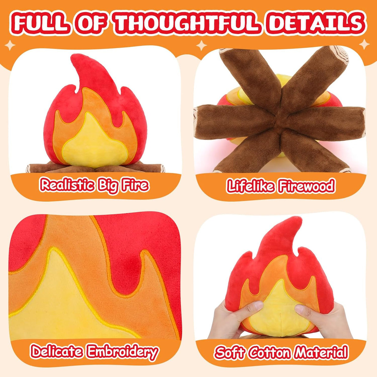 FunisFun Campfire Plush Toys, Fake Fire Firewood Plush Pillow for Adults