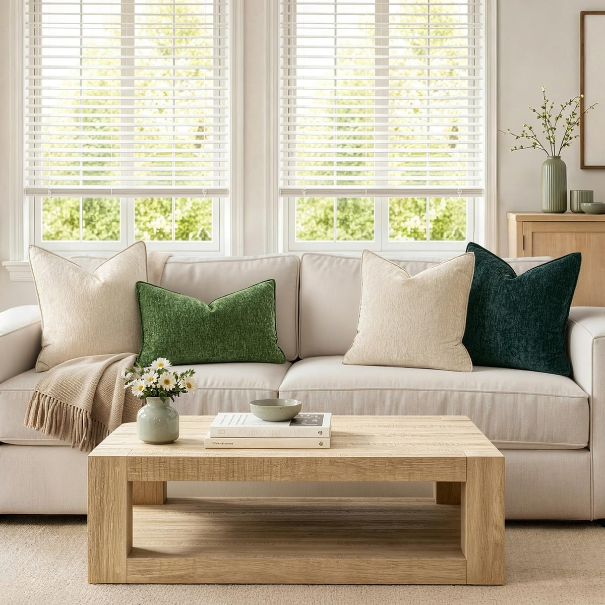 MIULEE Chenille Couch Pillow Covers for Living Room 18x18 Natural Beige