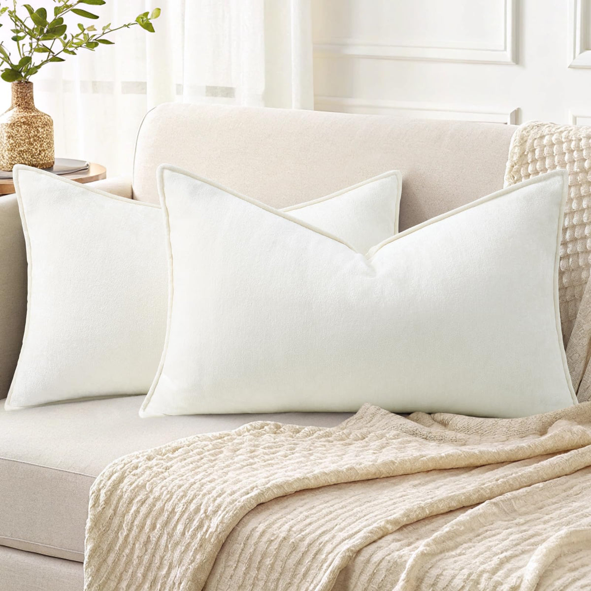 decorUhome Chenille Beige Velvet Throw Pillow Covers 18x18 Set of 2