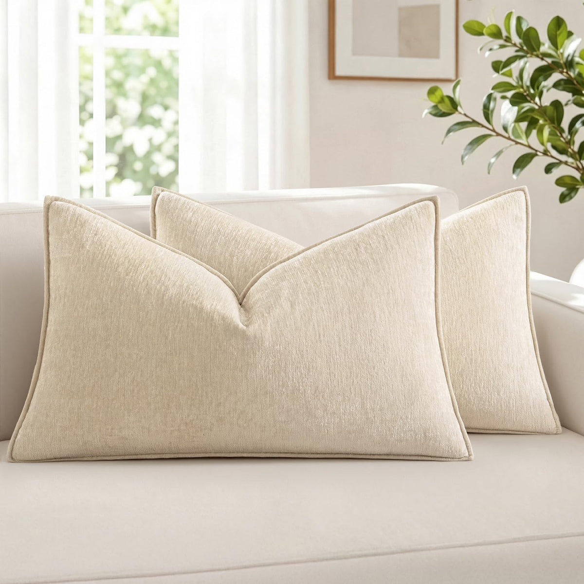 MIULEE Chenille Couch Pillow Covers for Living Room 18x18 Natural Beige