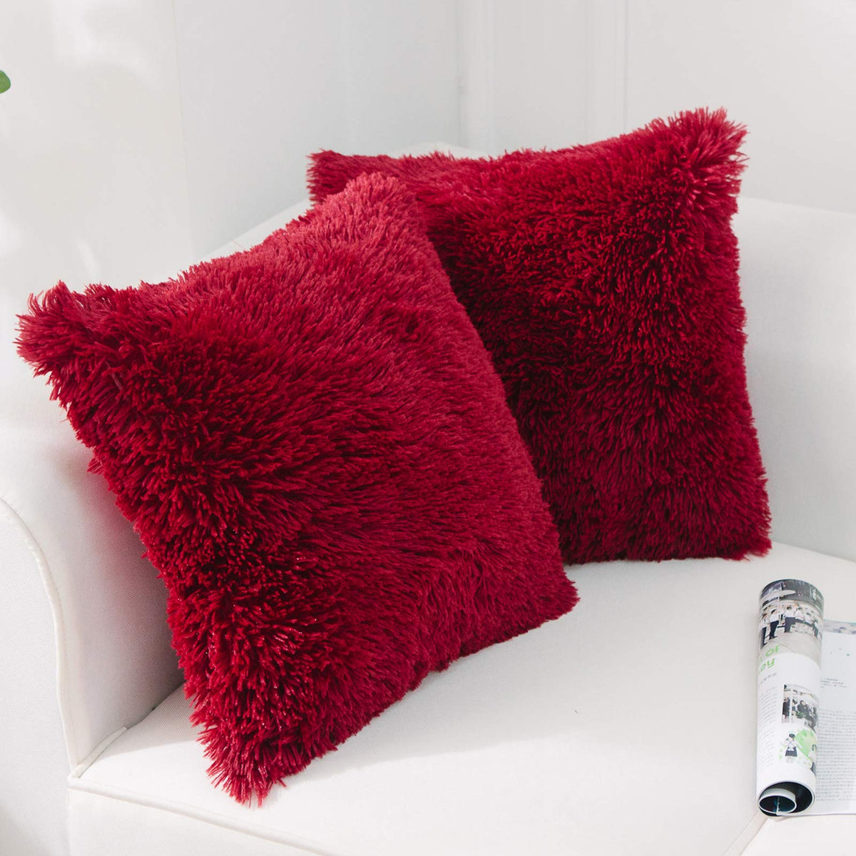 NordECO HOME Luxury Soft Faux Fur Fleece Cushion Cover Pillowcase Spring Decorative Throw Pillows Covers, No Pillow Insert, 18" x 18" Inch, White, 2 Pack