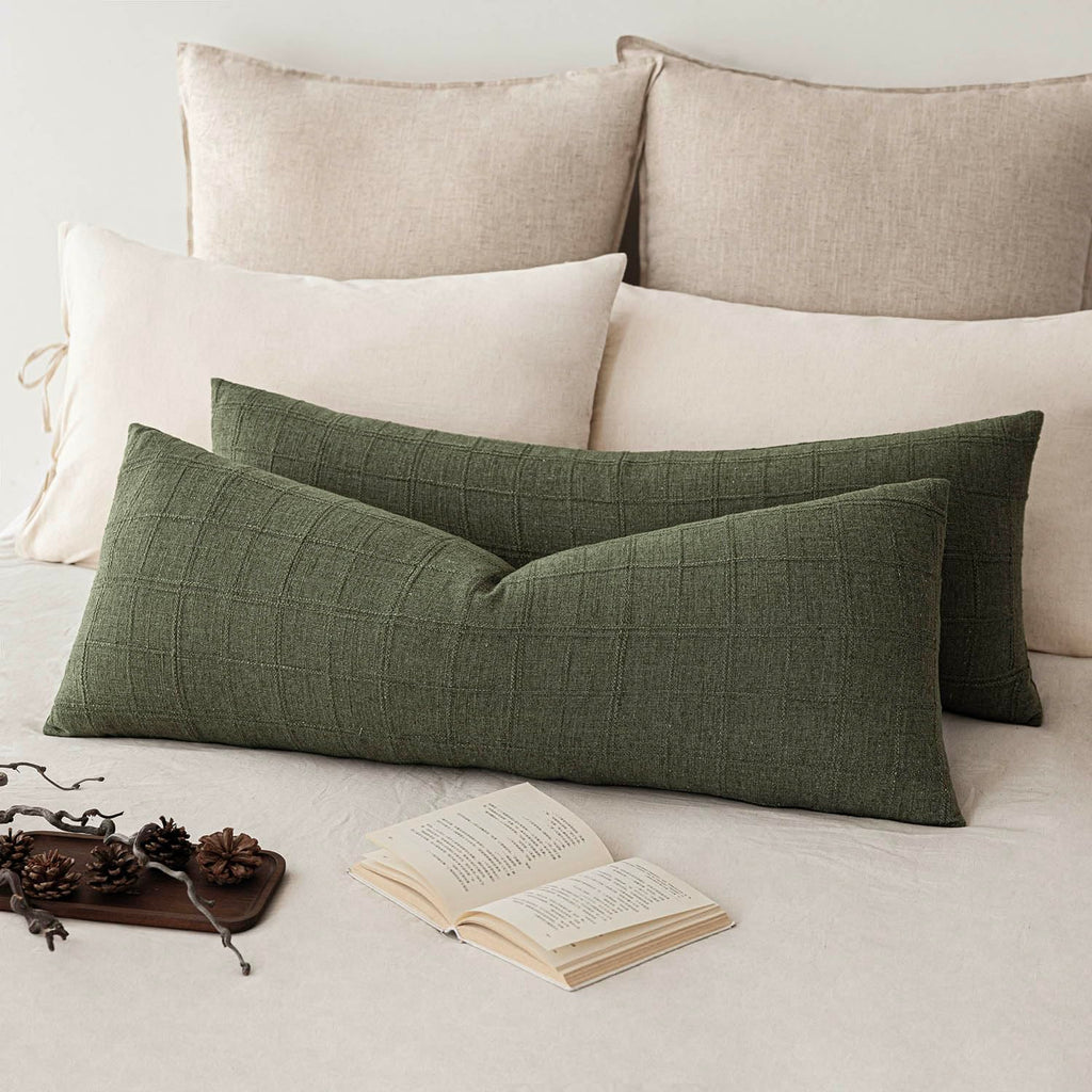 Foindtower Boho Linen Check Decorative Throw Pillow Cover 20×20 Olive Green