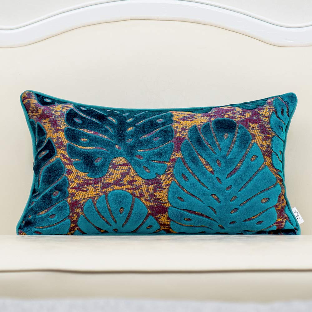 Alerfa 12 x 20 Inch Light Blue Rectangle Maple Leaf Pillow Embroidery Cut Velvet Cushion Case Luxury Modern Lumbar Throw Pillow Cover Decorative Pillow for Couch Sofa Living Room Bedroom Car