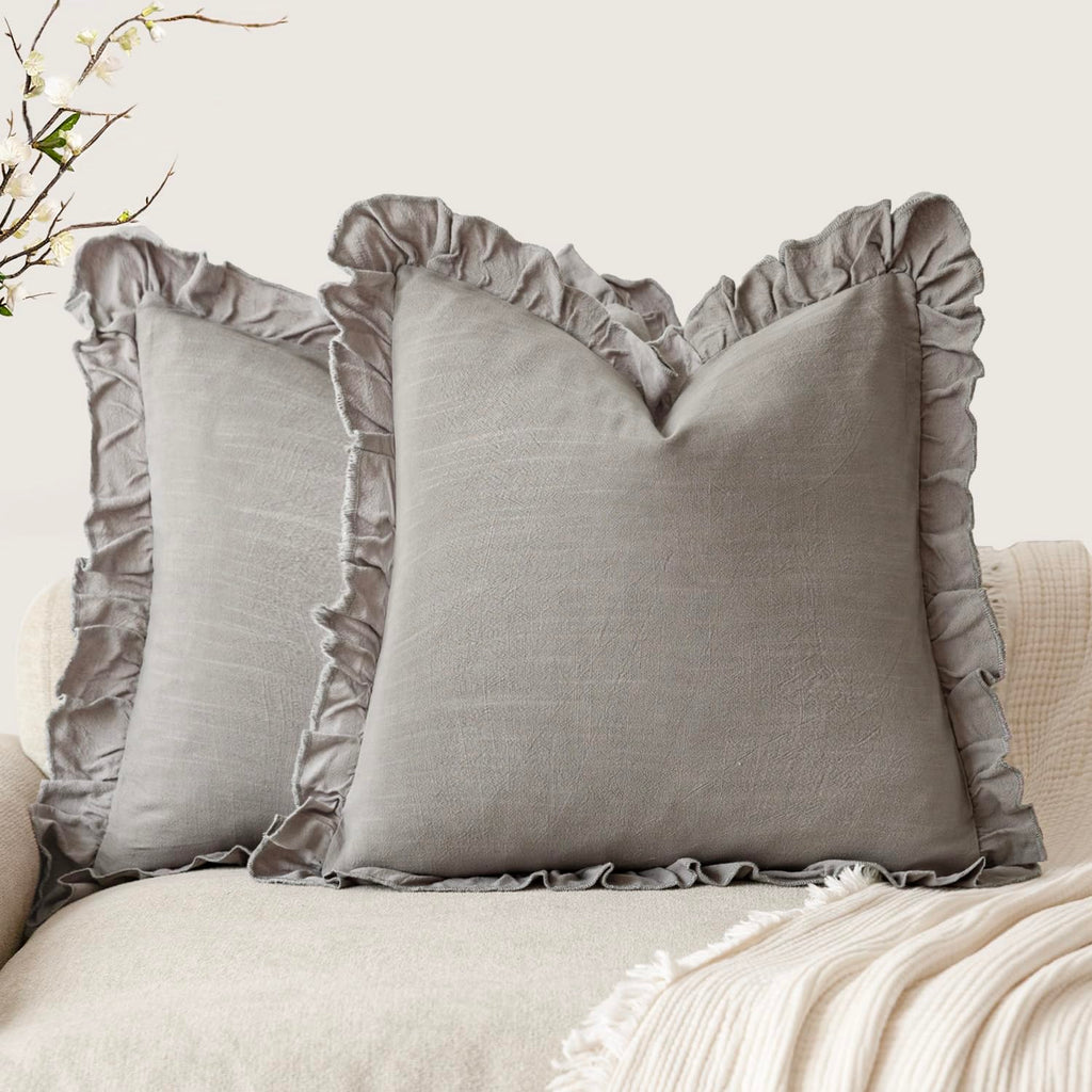 Foindtower Set of 2 Decorative Soild Fringe Ruffle Throw Pillow Covers Soft Boho Farmhouse Cushion Cover Cozy Accent Retro Pillowcase for Couch Sofa Bed Living Room Home Decor,20×20 Inch,Natural Beige