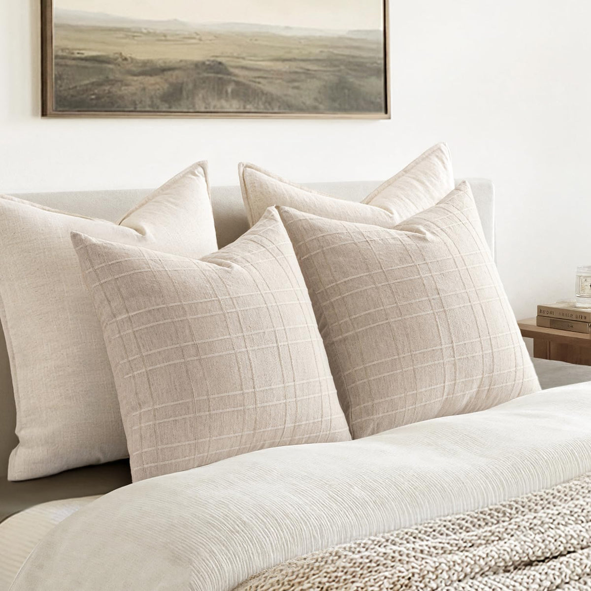 MIULEE Linen Plaid Pillow Covers Decorative 20x20 Natural Beige