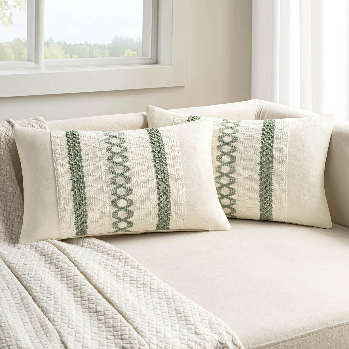 MIULEE Set of 2 Sage Green Boho Decorative Pillow Covers 18x18 Inch