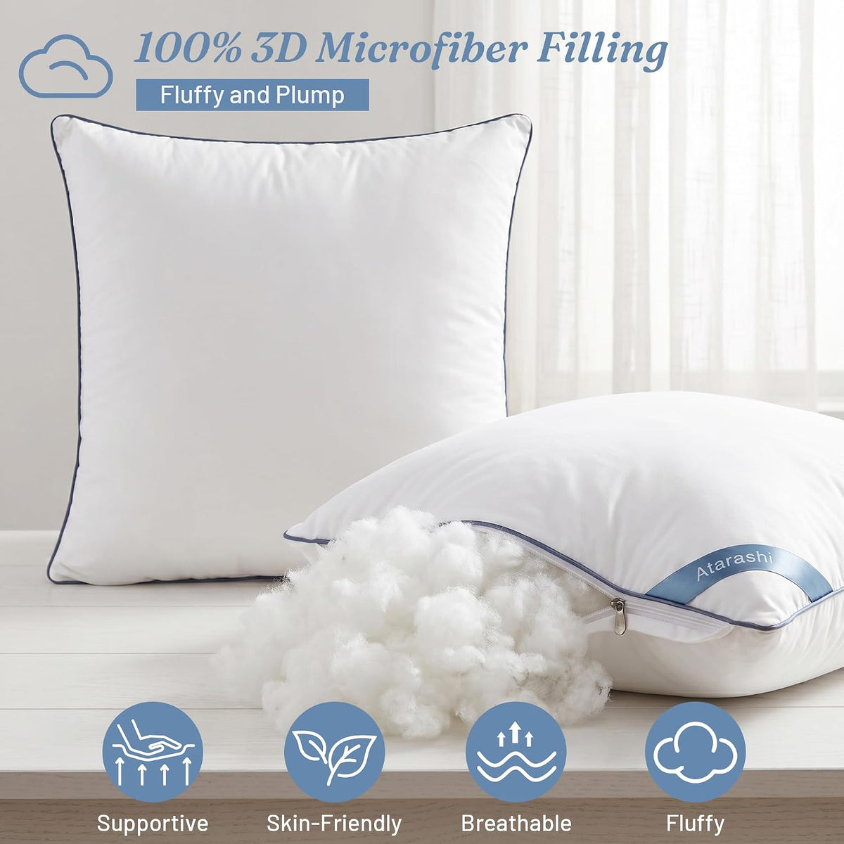 Atarashi 18 x 18 Outdoor Pillow Inserts (Pack of 2)- Waterproof Firm and Fluffy Square Throw Pillows - Decorative Pillow Forms for Couch Sofa Bed Patio Furniture - White