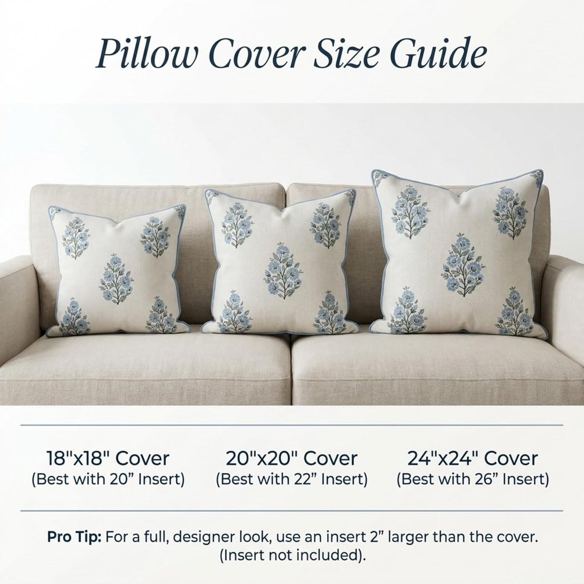 Jillien Harbor “The Camille” Floral Block Print Pillow Cover – Soft Blue and White Decorative Throw Pillow Cover – Grandmillennial Home Decor, 20" x 20"