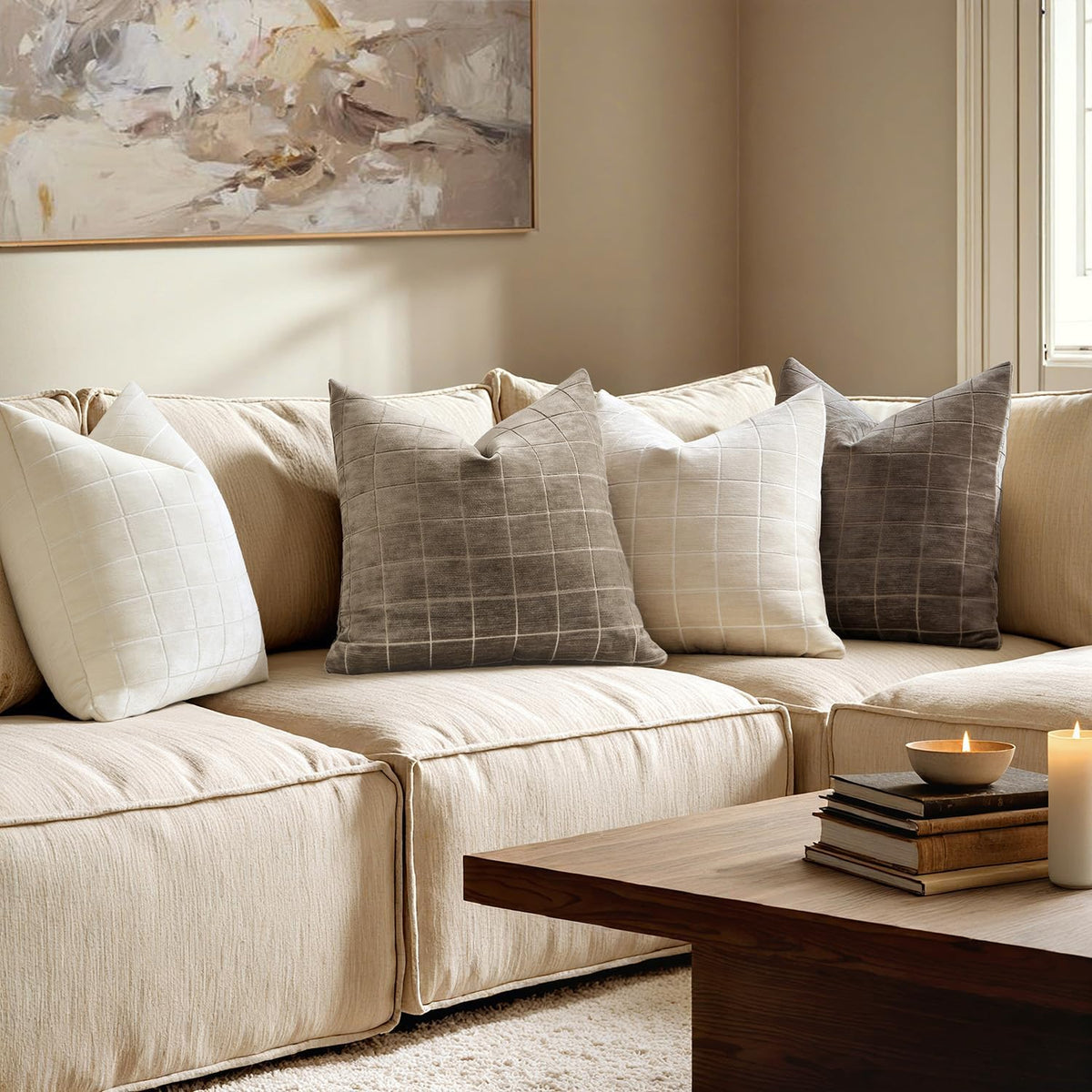 MIULEE Taupe Grey Plaid Decorative Fall Throw Pillow Covers 20x20 Set of 2