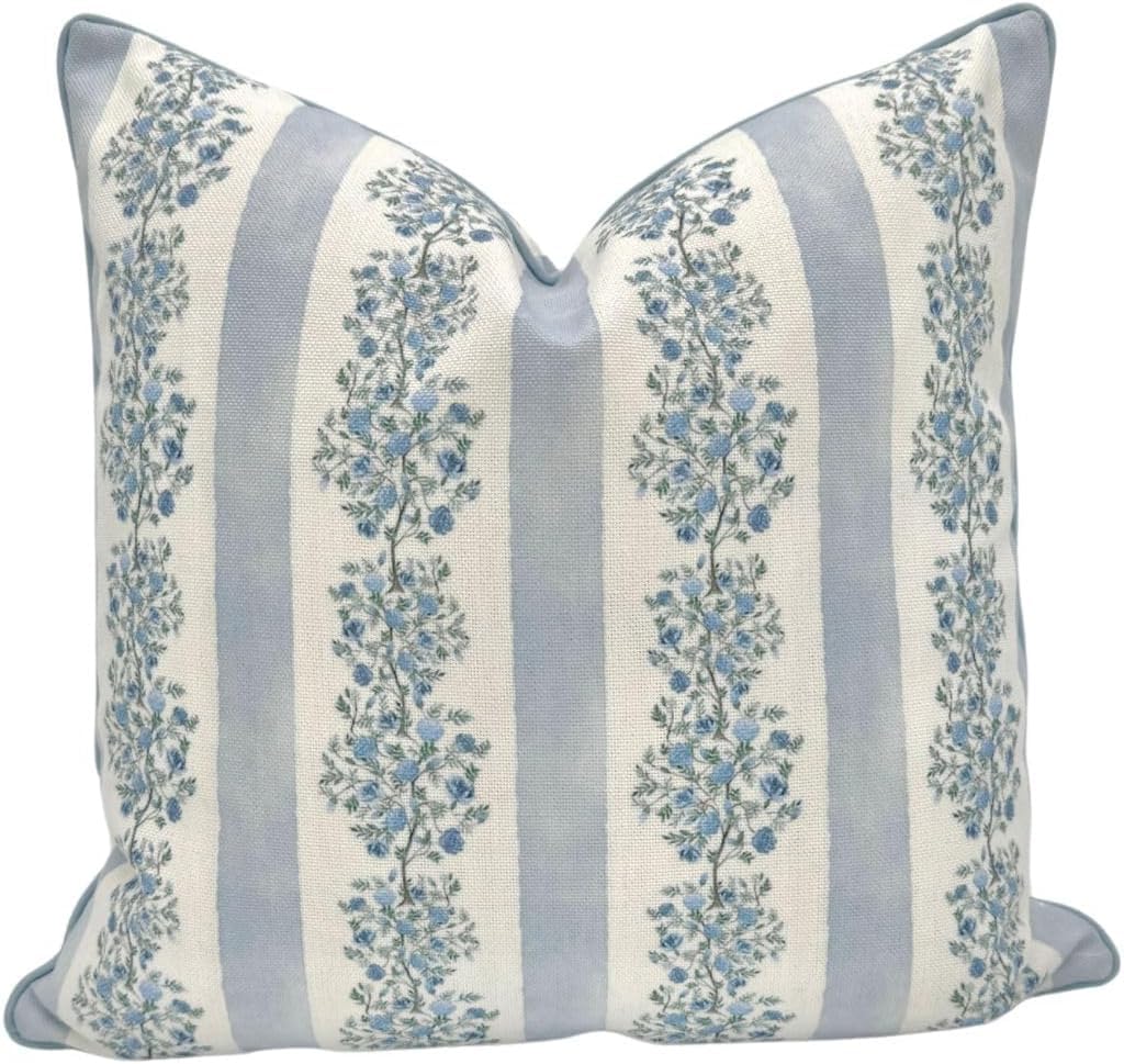 Jillien Harbor “The Camille” Floral Block Print Pillow Cover – Soft Blue and White Decorative Throw Pillow Cover – Grandmillennial Home Decor, 20" x 20"