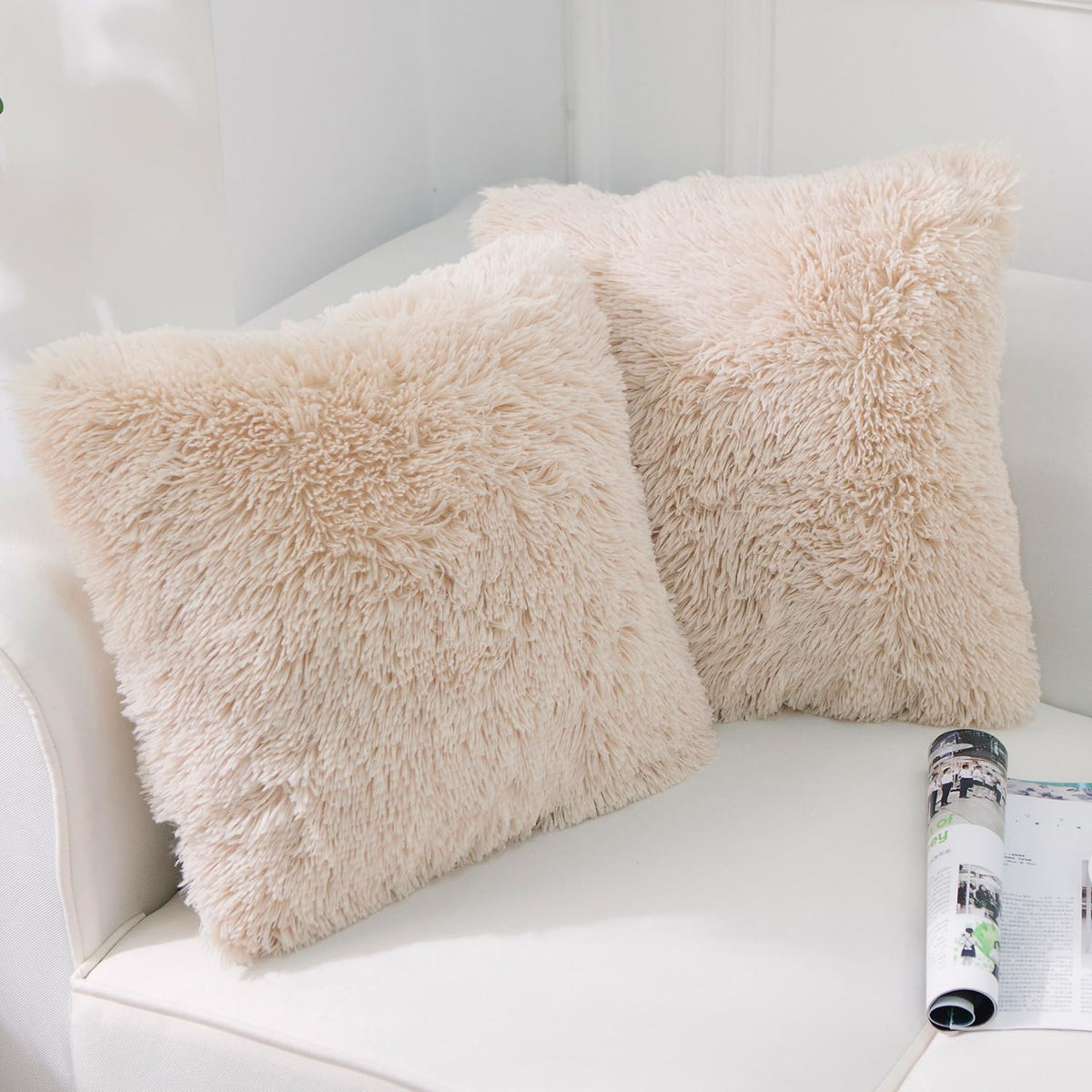 NordECO HOME Luxury Soft Faux Fur Fleece Cushion Cover Pillowcase Spring Decorative Throw Pillows Covers, No Pillow Insert, 18" x 18" Inch, White, 2 Pack