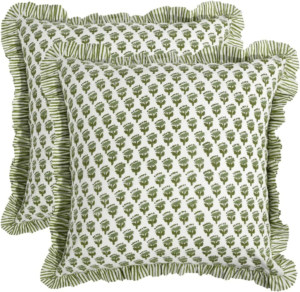 CPC Block Print Ruffle Throw Pillow Cover Emerald Green 20"x20", Pack of 2