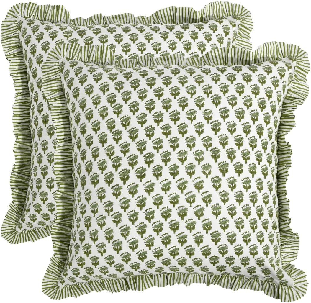 CPC Block Print Ruffle Throw Pillow Cover Emerald Green 20"x20", Pack of 2