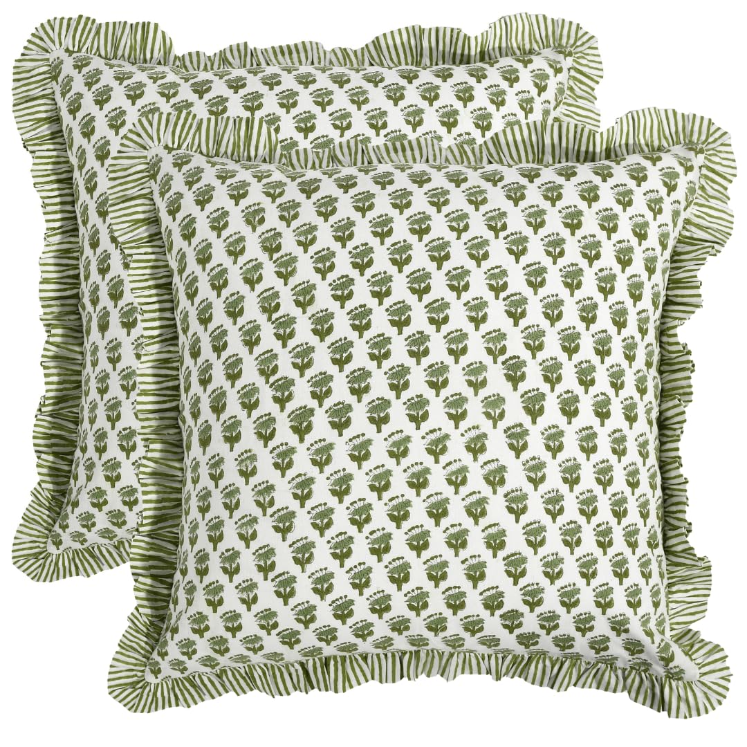 CPC Block Print Ruffle Throw Pillow Cover Emerald Green 20"x20", Pack of 2