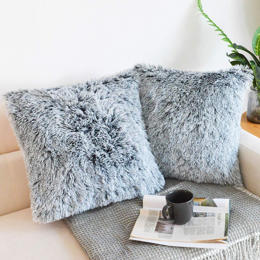 NordECO HOME Luxury Soft Faux Fur Fleece Cushion Cover Pillowcase Spring Decorative Throw Pillows Covers, No Pillow Insert, 18" x 18" Inch, White, 2 Pack