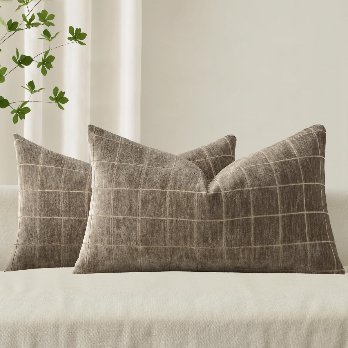 MIULEE Taupe Grey Plaid Decorative Fall Throw Pillow Covers 20x20 Set of 2