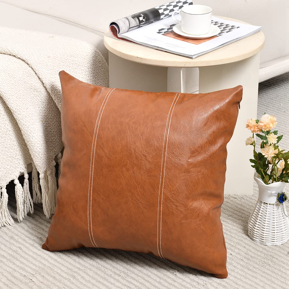 Fancy Homi Brown Boho Long Lumbar Faux Leather Body Decorative Throw Pillow Cover 14x36 Inch for Bedroom Couch Bed Sofa Bench, Hand Stitched Stylish Pillowcase, Rustic Modern Farmhouse Room Decor