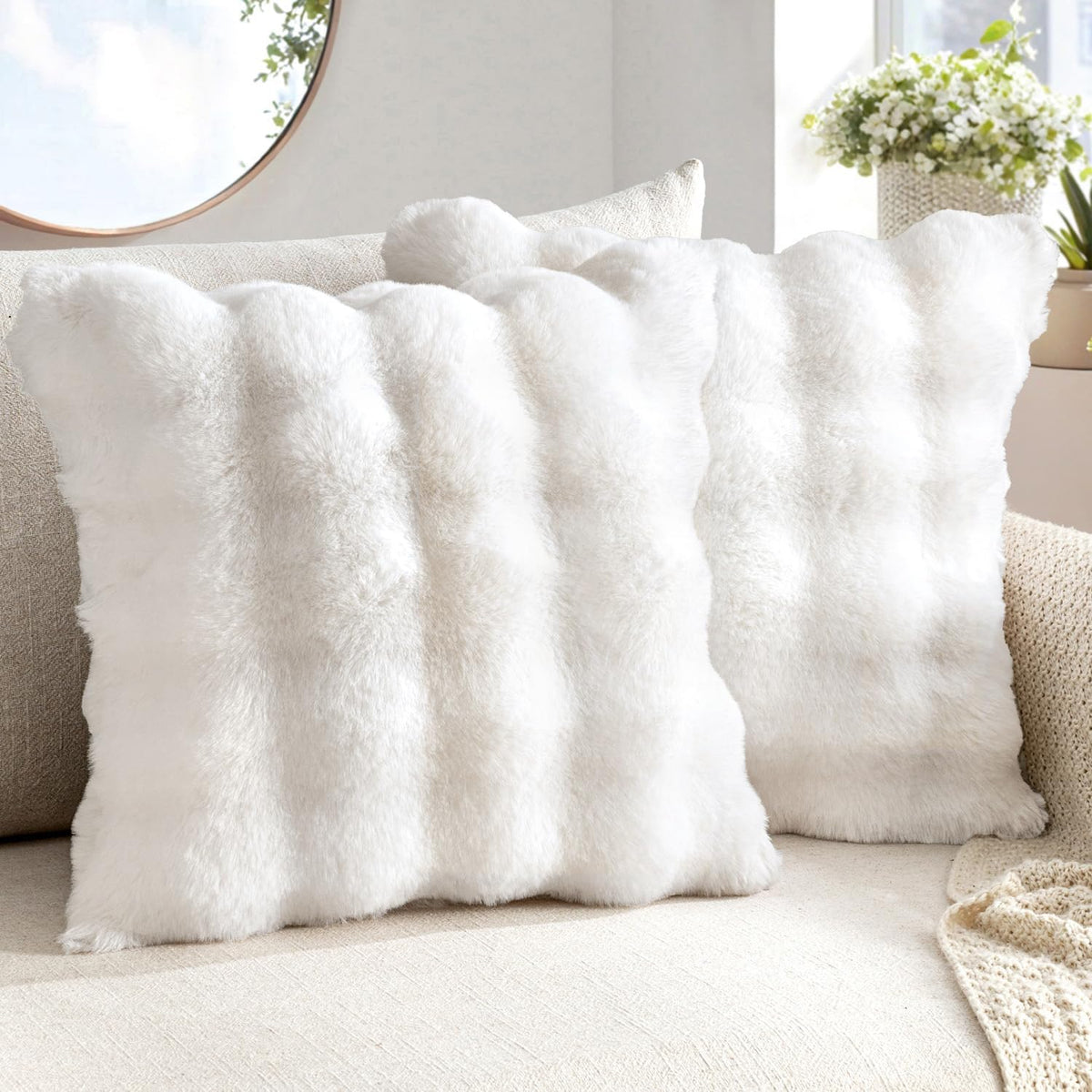 MIULEE Pack of 2 Faux Fur Fluffy Pillow Covers 18x18 Inch, White