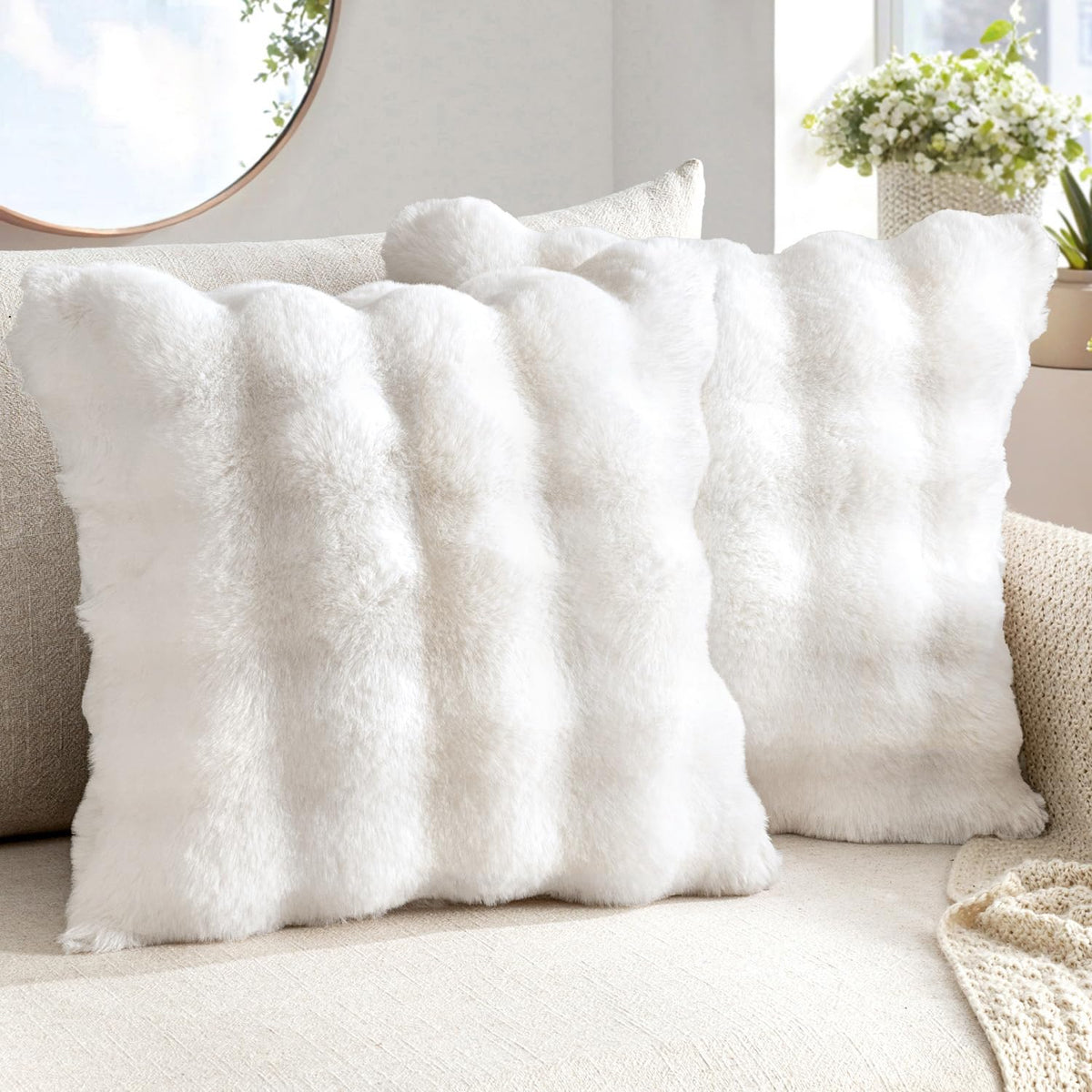 MIULEE Pack of 2 Faux Fur Fluffy Pillow Covers 18x18 Inch, White