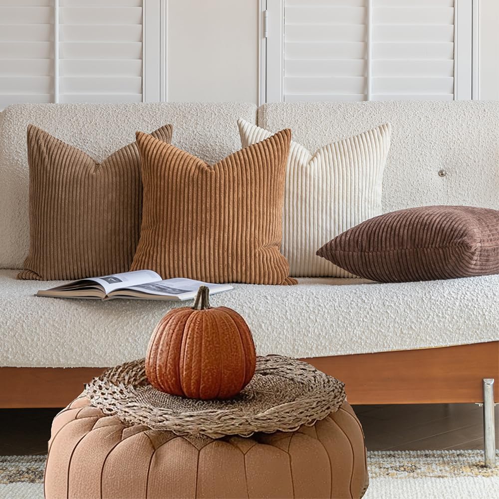LANANAS Decorative Corduroy Throw Pillow Covers 18x18 Inch Neutral Brown
